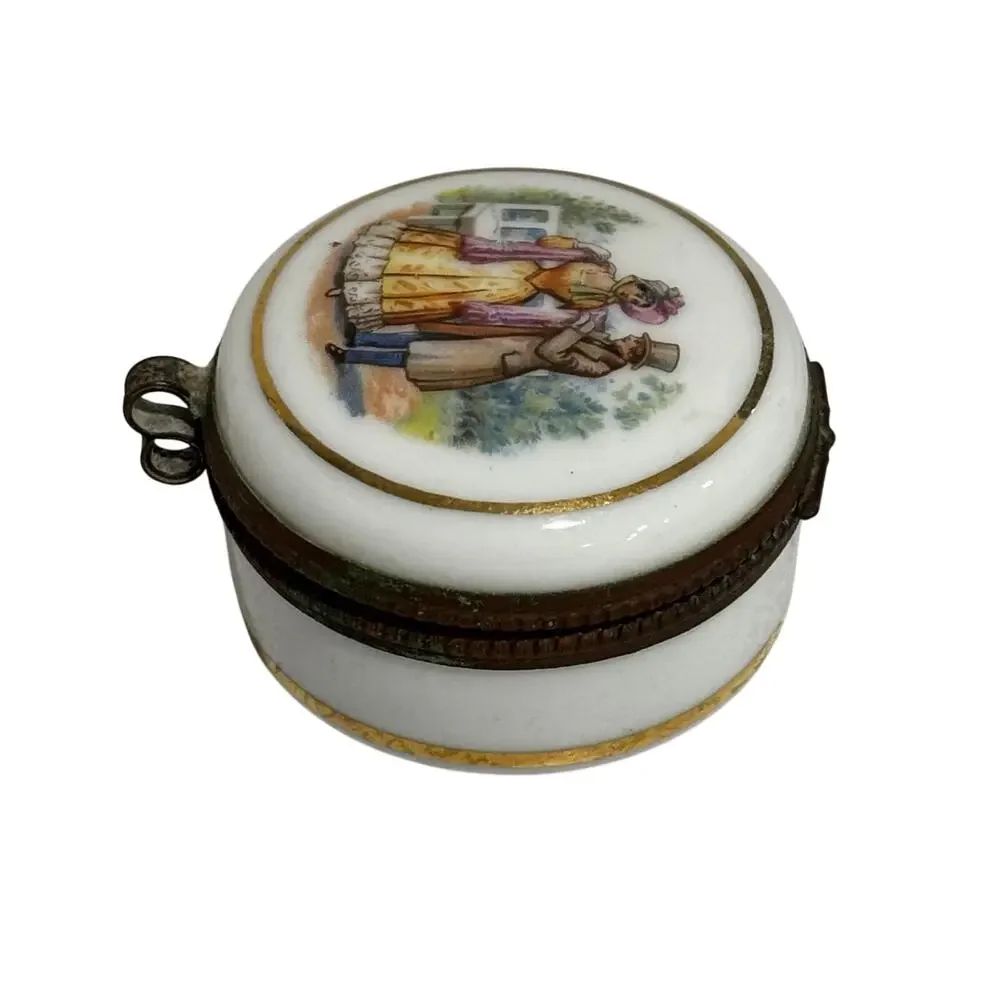 Vintage Porcelain trinket pill box round container hinged lid Victorian Couple